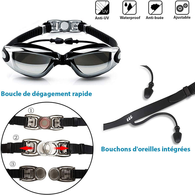 Lunettes de Piscine - Natation Anti-UV et Anti-buée avec Bouchons d'Oreille