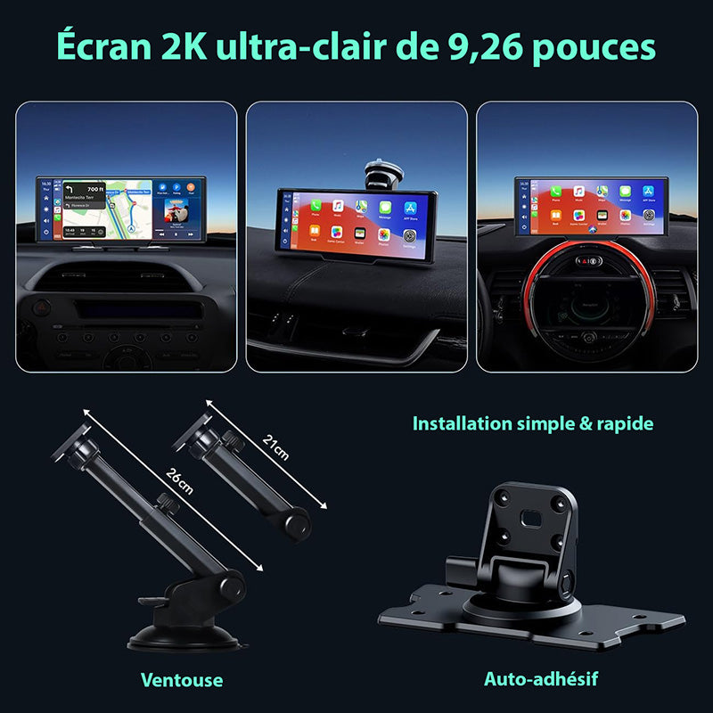 Écran Autoradio Sans Fil 2K avec Dashcam et Caméra Arrière 1080P 64 Go - CarPlay et Android Auto