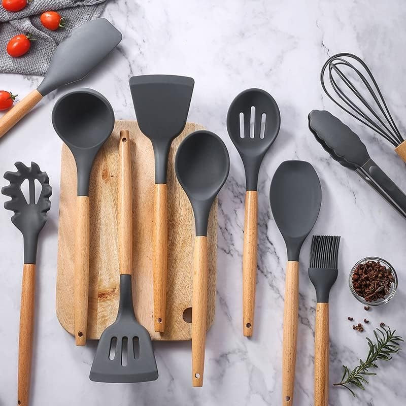 Ustensiles de Cuisine en Silicone et Bois 22 Pièces - Sans BPA