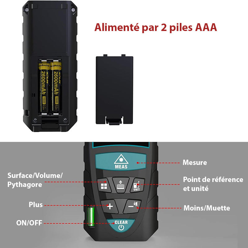 Télémètre Laser - Décamètre Numérique 2 Niveaux à Bulle - LCD et Affichage 4 Lignes