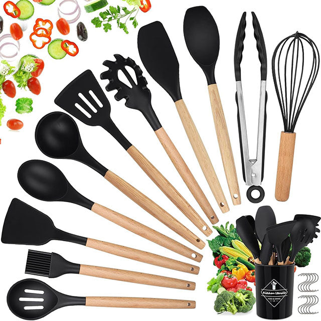 Ustensiles de Cuisine en Silicone et Bois 22 Pièces - Sans BPA