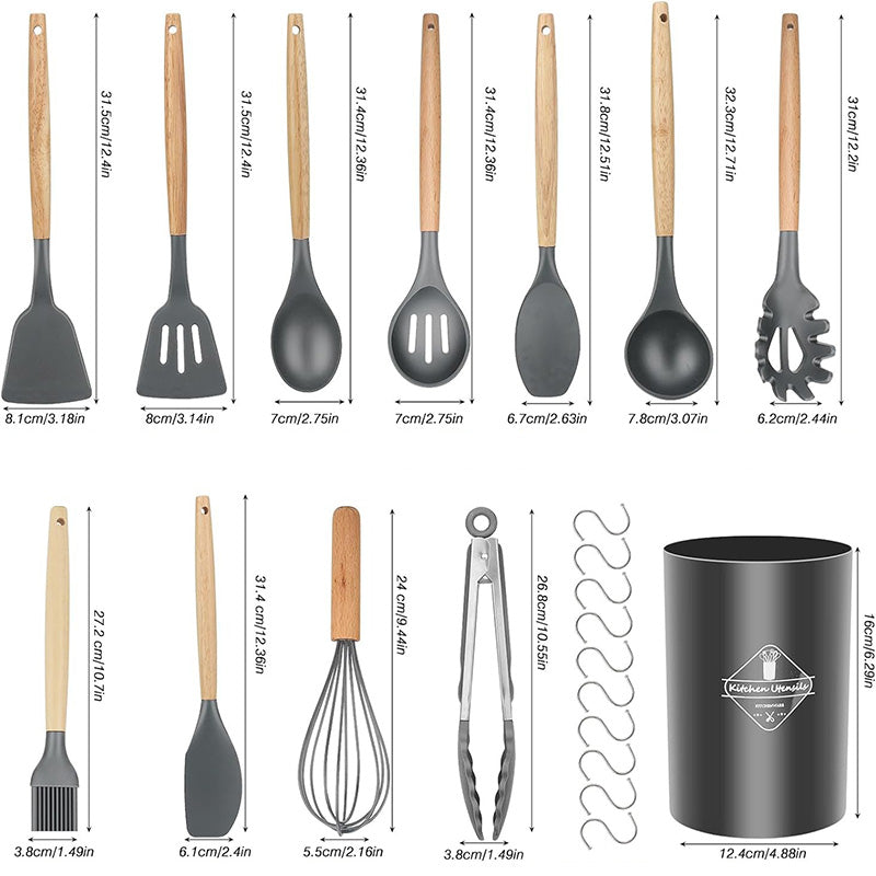 Ustensiles de Cuisine en Silicone et Bois 22 Pièces - Sans BPA