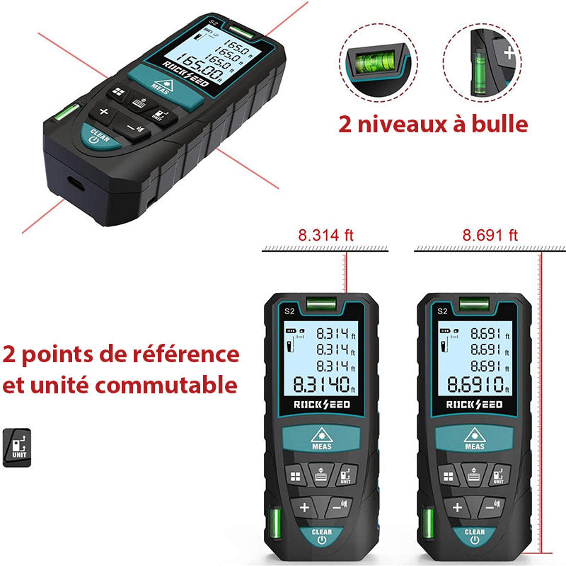 Télémètre Laser - Décamètre Numérique 2 Niveaux à Bulle - LCD et Affichage 4 Lignes