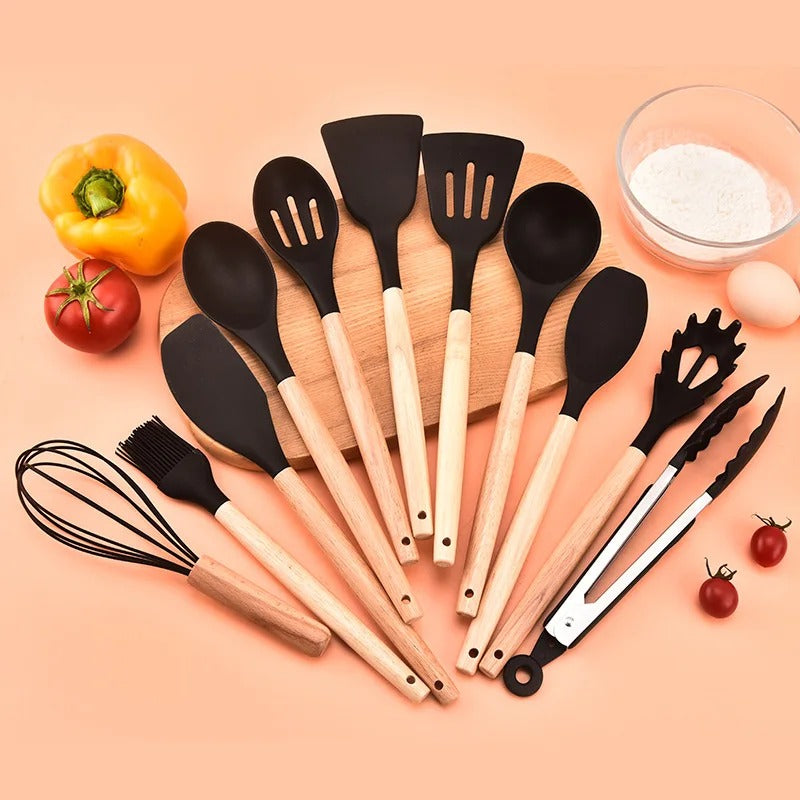 Ustensiles de Cuisine en Silicone et Bois 22 Pièces - Sans BPA