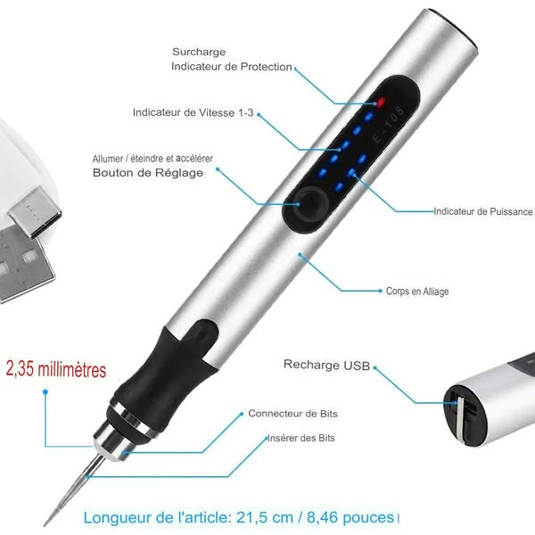 Stylo Graveur Électrique Sans Fil - Gravure sur Bois et Verre 15000 Tours Min